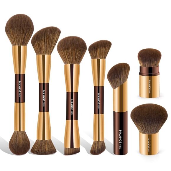 Maange 7 Pieces Coffee Gold Double Sided Kabuki Cosmetics Makeup Brushes